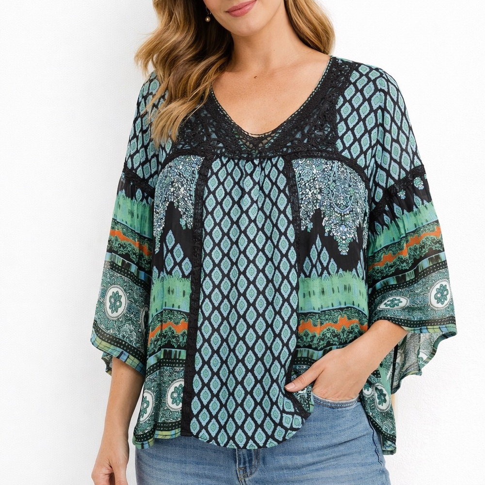 Bila Teal, Green & Black Printed V-Neck Dolman‎ Tunic XL